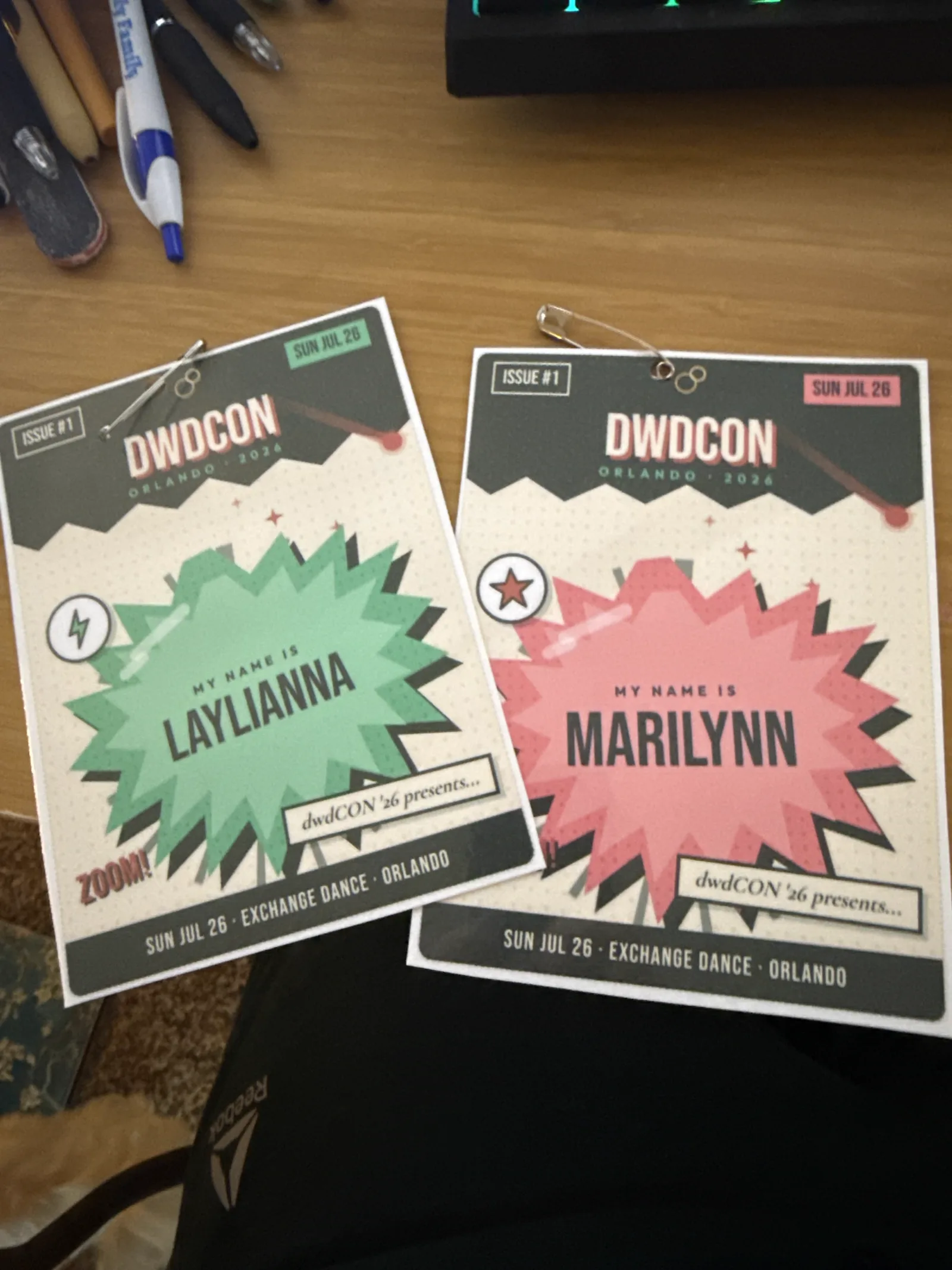 Custom comic-book name badges made for every dwdCON dancer